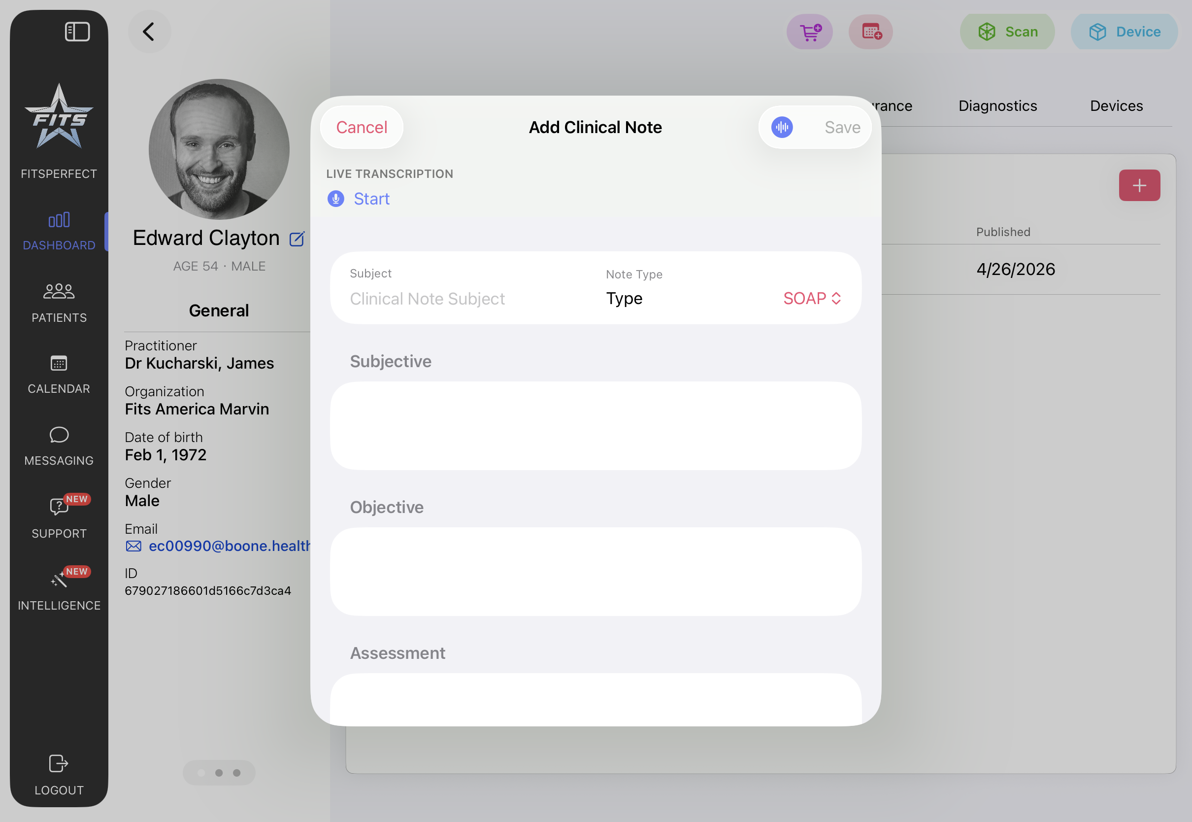 Add Clinical Note modal with SOAP fields and live transcription in FitsPro