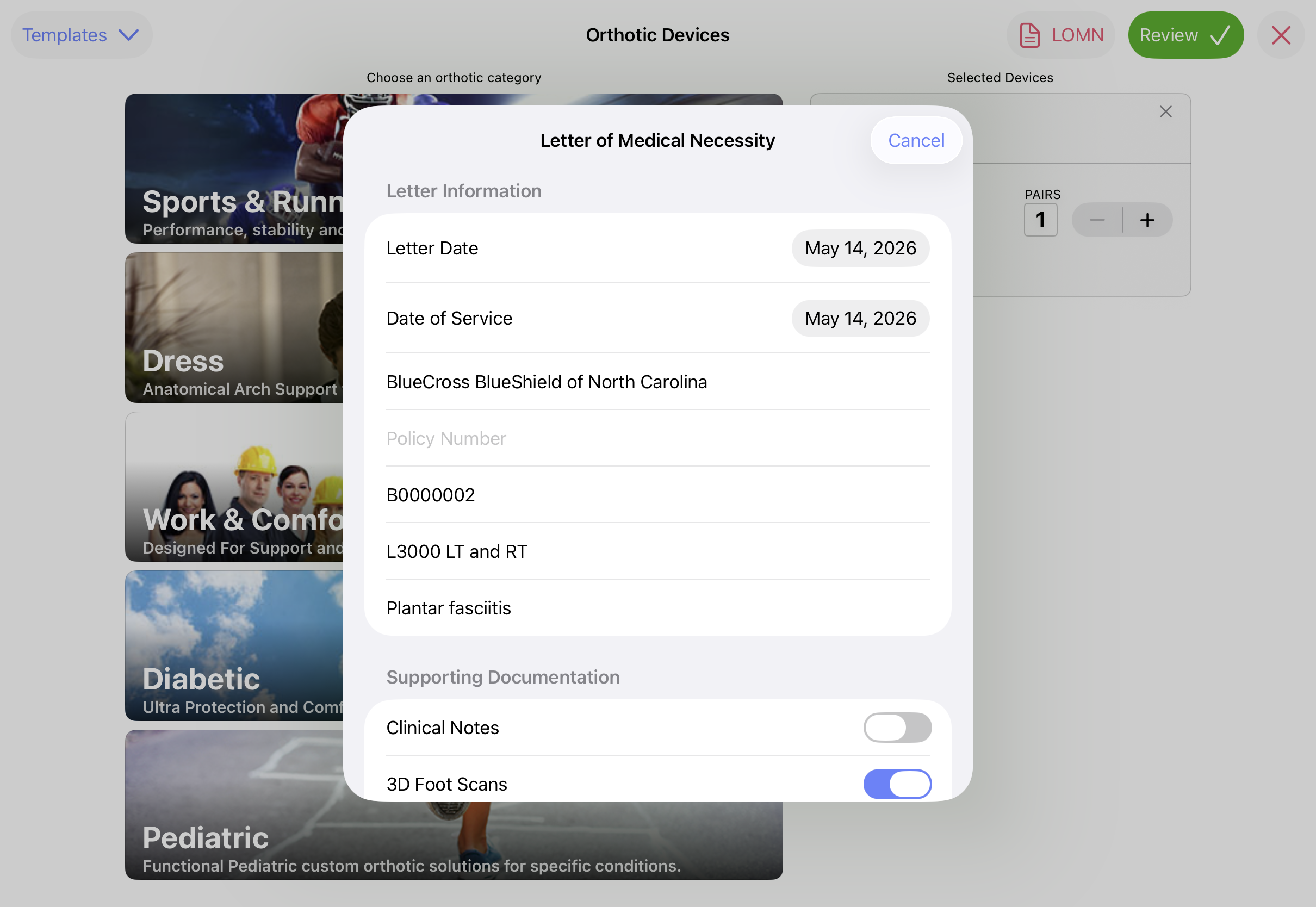 Letter of Medical Necessity generator with supporting documentation toggles in FitsPro