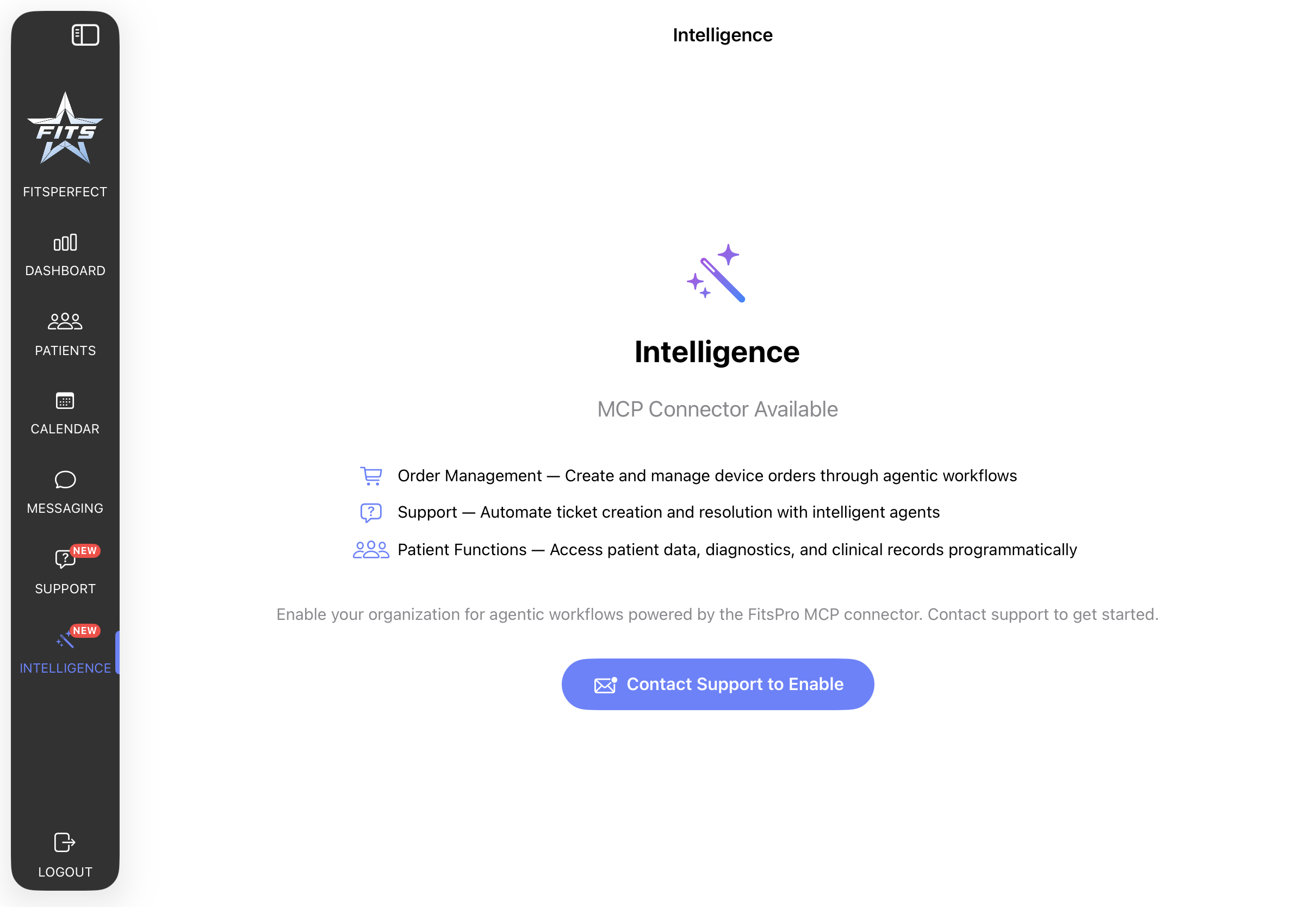 MCP Connector tool catalog — Order Management, Support, and Patient Functions in FitsPro