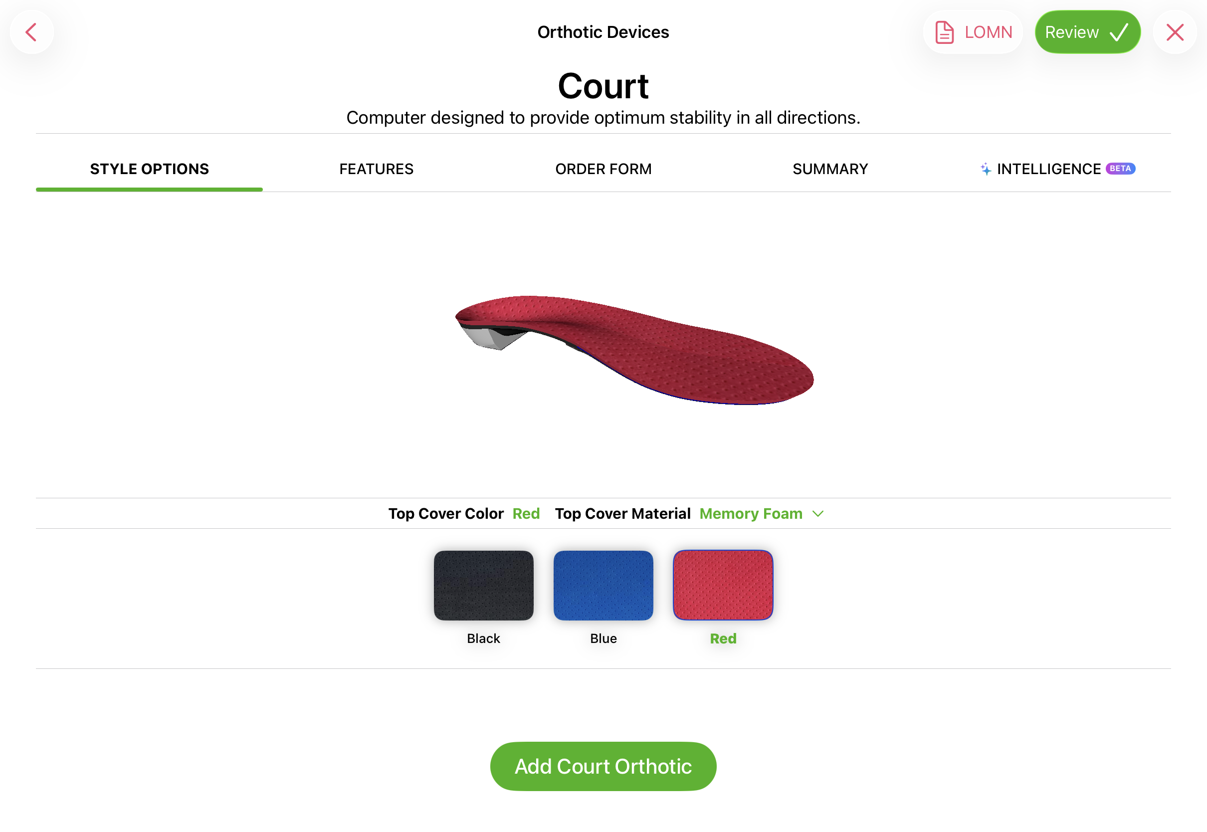 Orthotic style options with cover material and color in FitsPro