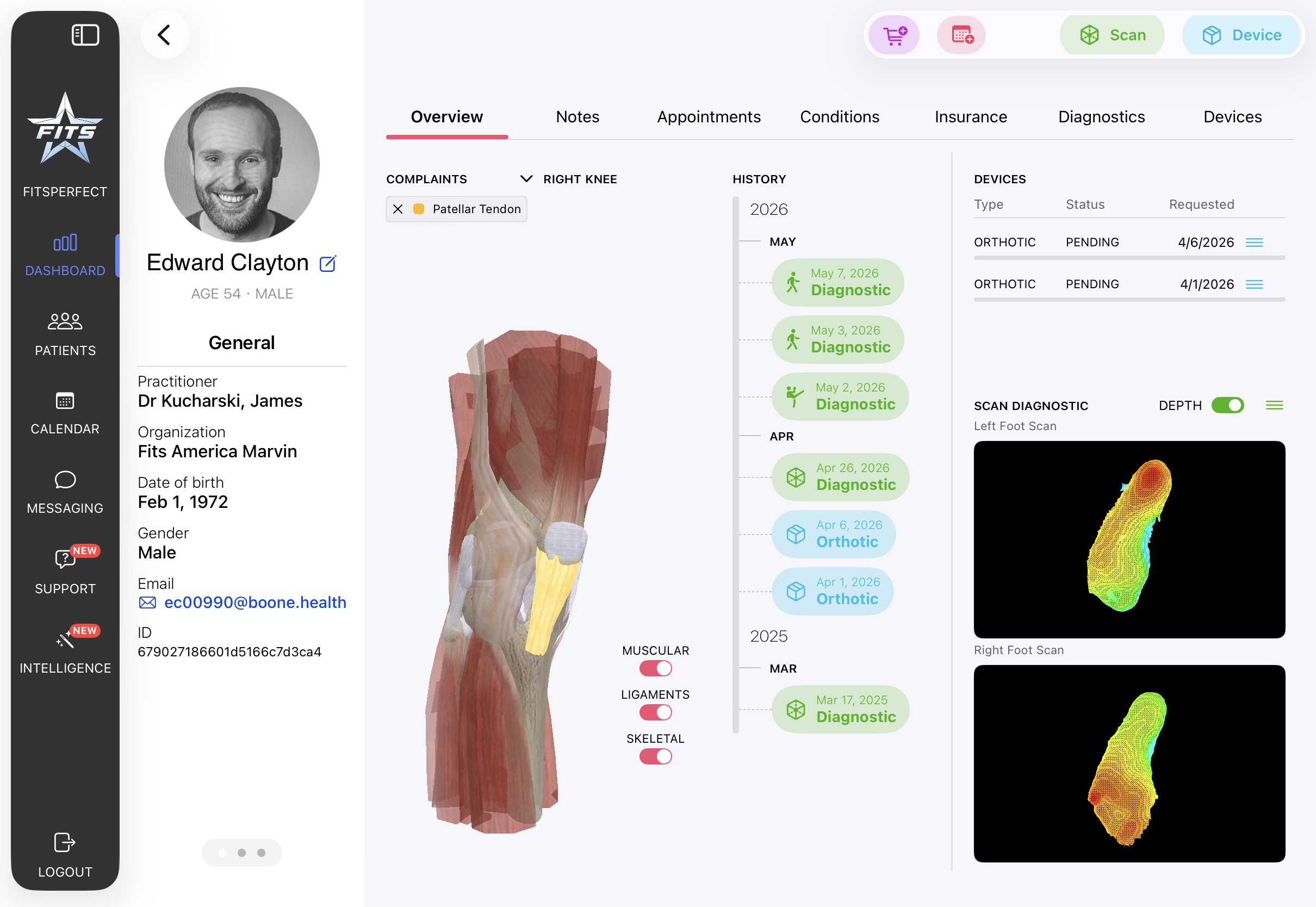 Patient detail view in FitsPro with anatomy, history, scans, and devices