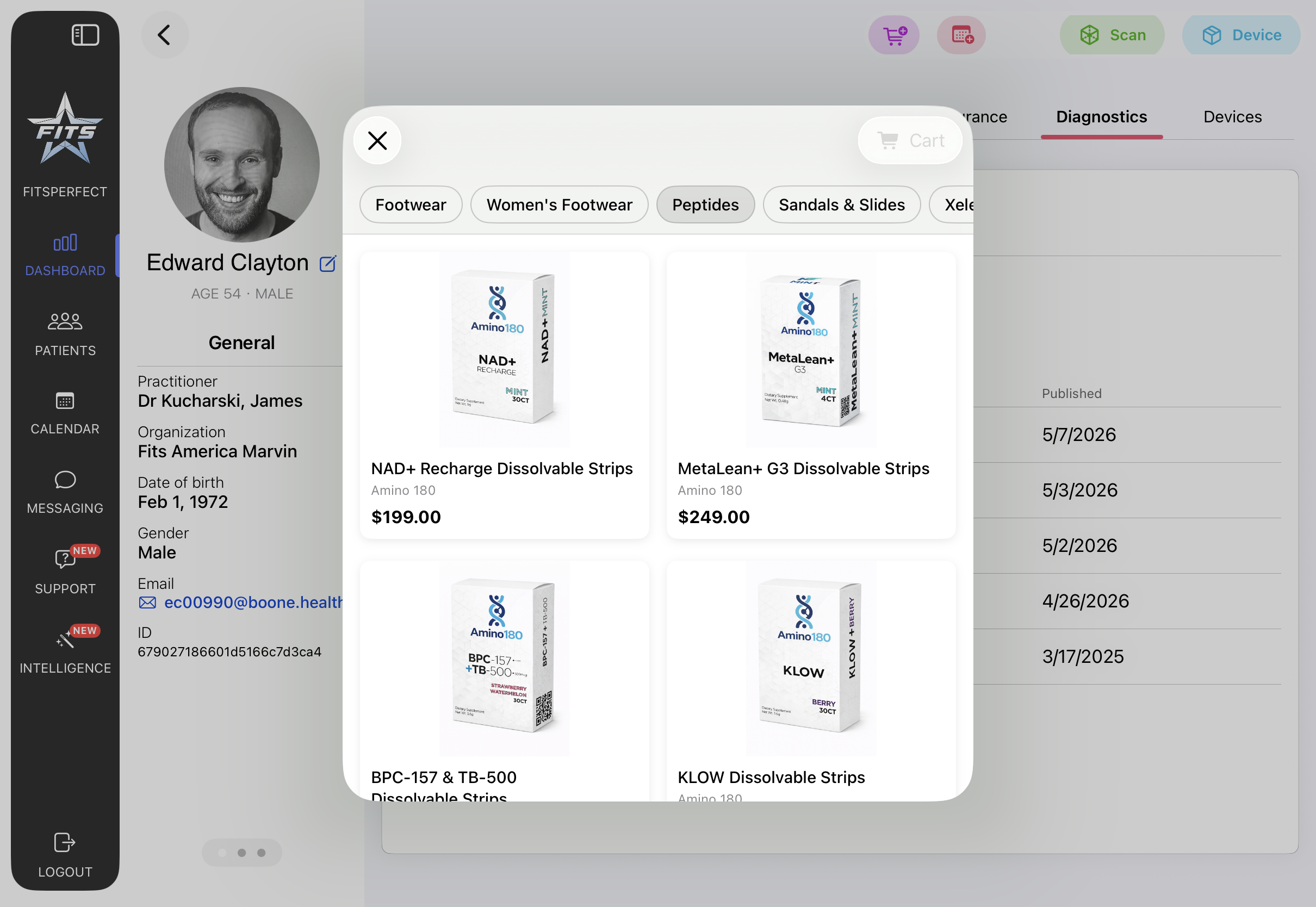 Practitioner browsing the curated retail catalog from a patient record in FitsPro