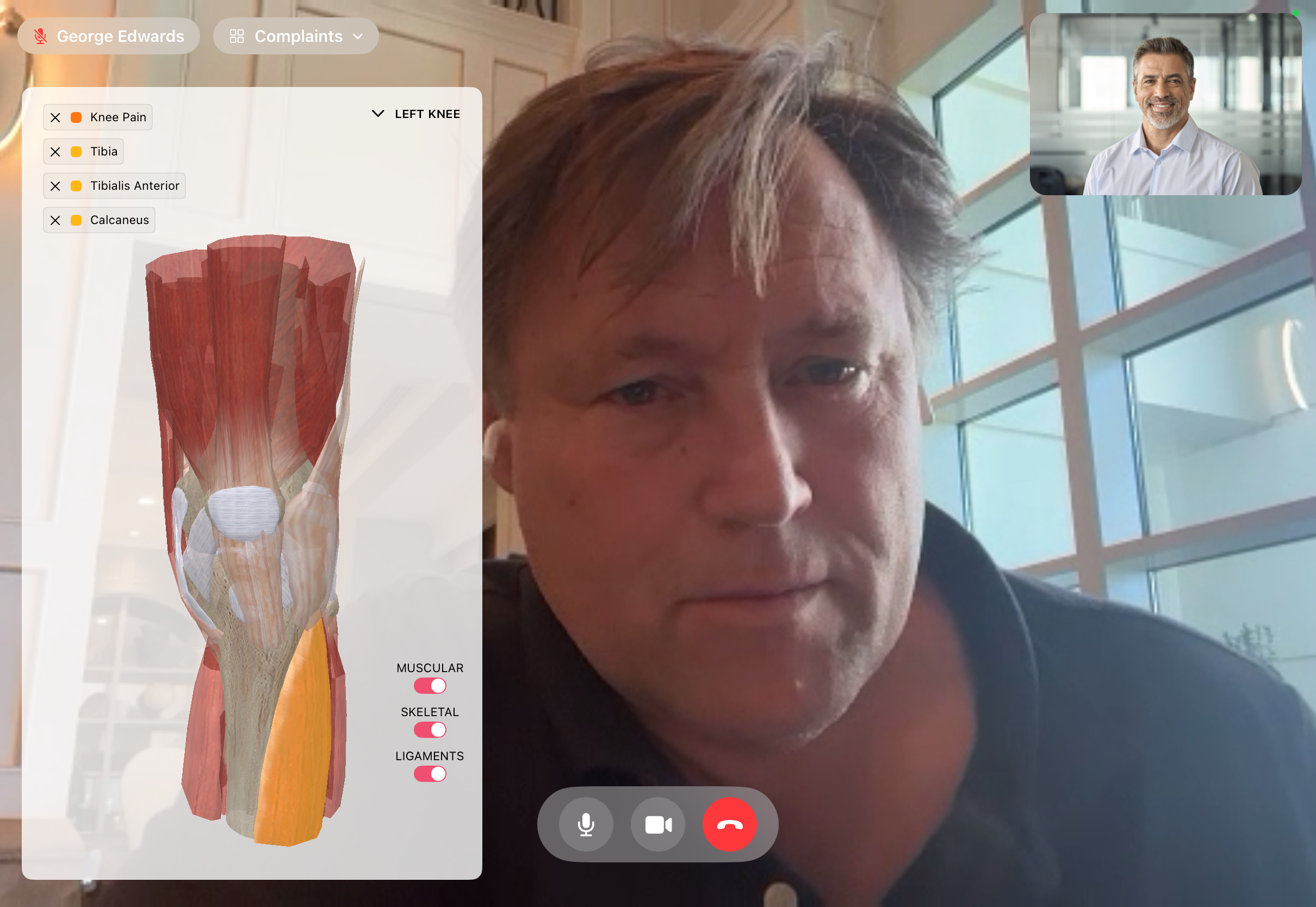 Telehealth session with patient and on-screen knee anatomy in FitsPro